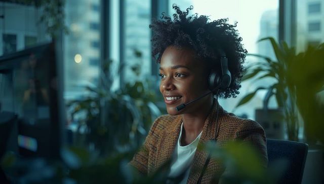 Customer Support Agent Wearing Headset in Modern Office Setting