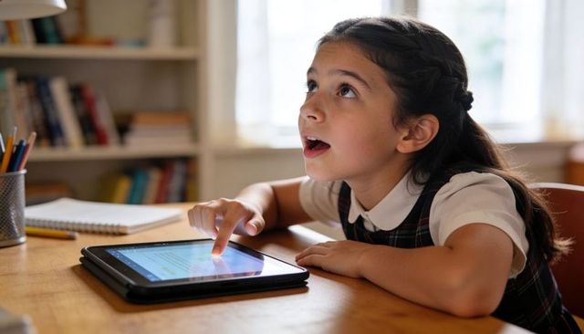 Pointing pupil using tablet for remote learning at home study table, expressing wonder