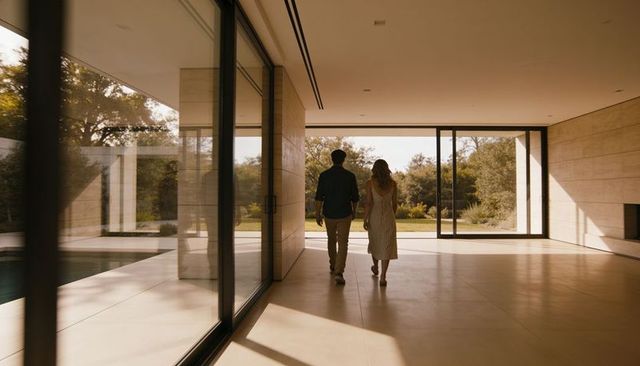 Couple walking through glass doors toward sunlit garden and pool in minimalist modern home