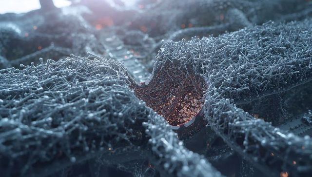 Revealing ruptured lattice exposing glowing amber core in microscopic fibrous porous mesh
