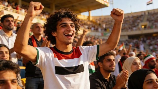 Cheering football fan raising fists in packed stadium celebrating tricolor flags, victory
