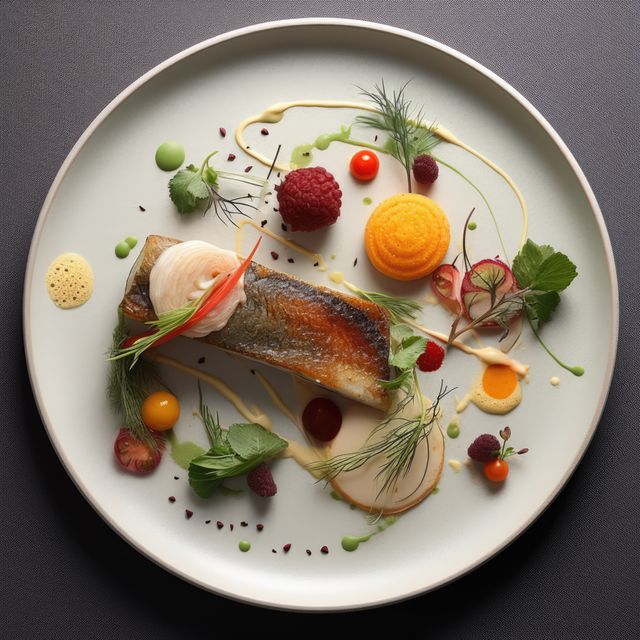 This gourmet fish dish is presented with precision, featuring various garnishes and sauces that are artfully arranged on a plate. Perfect for culinary magazines, restaurant menus, or fine dining promotional materials to showcase artistic food presentation and upscale dining experiences.