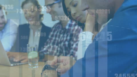 Business Professionals Analyzing Digital Data with Overlaid Statistics