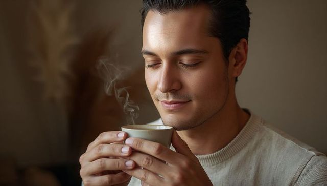 Young man savoring steaming coffee in cozy neutral corner with pampas grass