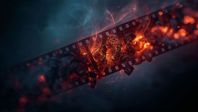 Burning 35mm film strip with glowing embers
