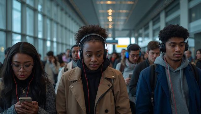 Young commuters walking through busy airport concourse wearing headphones and backpacks