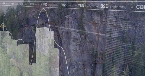 Blending mountain cliff and evergreen forest with financial charts and currency ticker