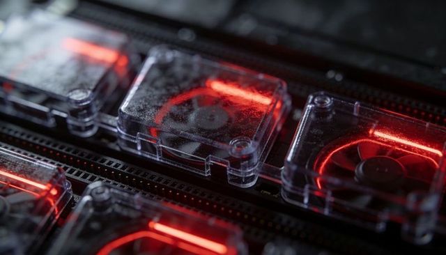 Transparent modular cooling fans with red led rings on circuit board macro