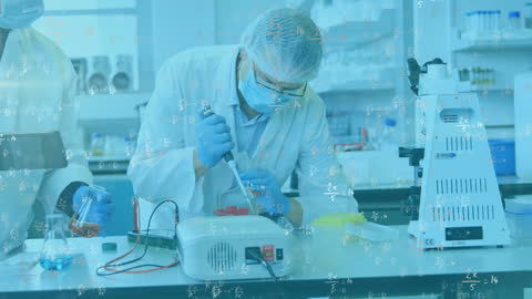 Scientists Conducting Experiments with Mathematical Formulas Overlay