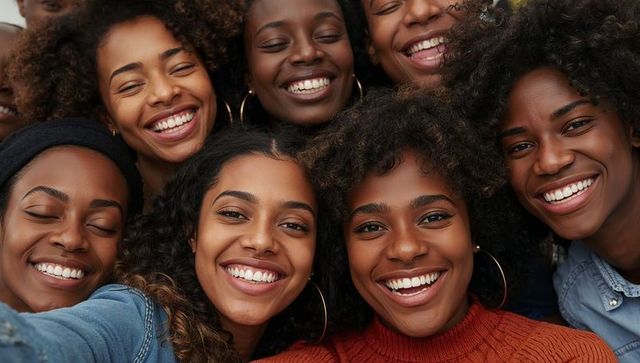 Smiling women with natural curls taking close-up group selfie, hoop earrings, denim