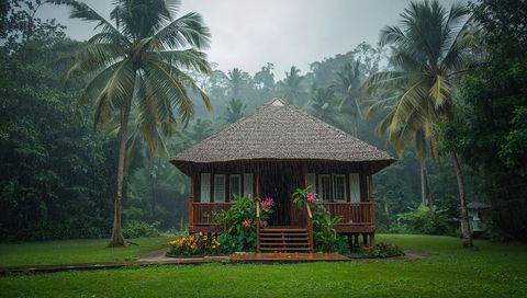 Thatched-roof bungalow sitting in tropical rainforest rain, wooden stilt cabin with porch