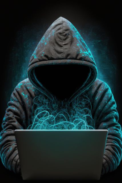 Hacker in hoodie using laptop over grey background, created using generative ai technology. Global online hacking, security, technology and computing concept digitally generated image.