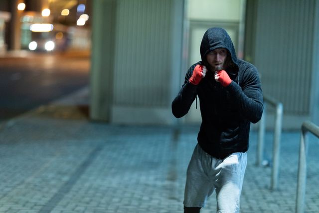 Fit man shadow boxing in an urban setting during the evening, wearing a hoodie and sportswear. Ideal for use in fitness, sports, and urban lifestyle content. Can be used to promote active lifestyles, workout routines, and athletic training. Suitable for blogs, advertisements, and social media posts related to fitness and health.