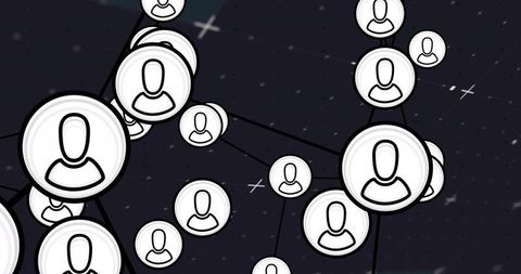 Digital social network of avatar nodes forming connected mesh on dark starry background