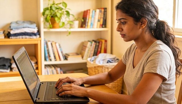 Indian woman working from home on laptop at wooden table with bookshelves and plant in daylight typi