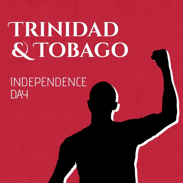 Illustration of man with hand raised and trinidad and tobago independence day text on red background. Copy space, white, black, strength, patriotism, celebration, freedom and identity concept.