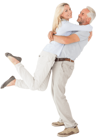 Happy mature couple embracing in joyful hug transparent background