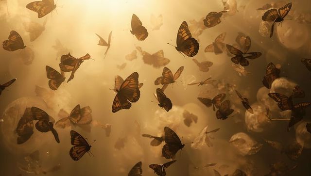 Monarch butterflies swarming and fluttering in golden backlight with dreamy bokeh