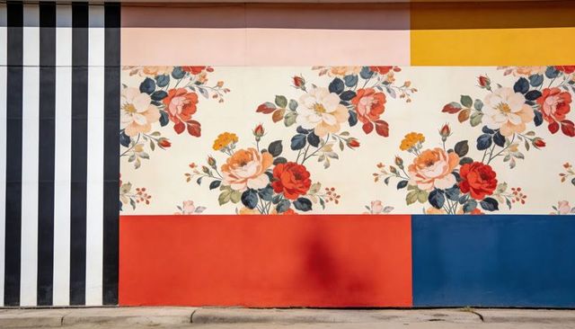 Displaying floral mural on urban facade with striped panel and bold colorblocks