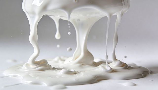 Pouring creamy white liquid creating glossy swirls, droplets and smooth texture high-key