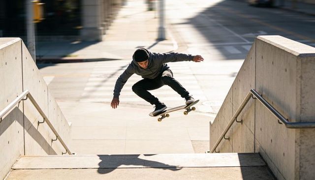 Skateboarder jumping down urban concrete stairs wearing hoodie and beanie, mid-air stunt