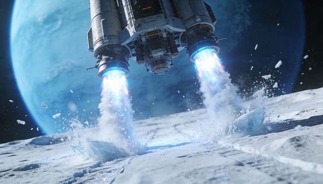 Futuristic Lunar Lander Firing Blue Engine Plumes Kicking Ice and Debris on Moon Surface
