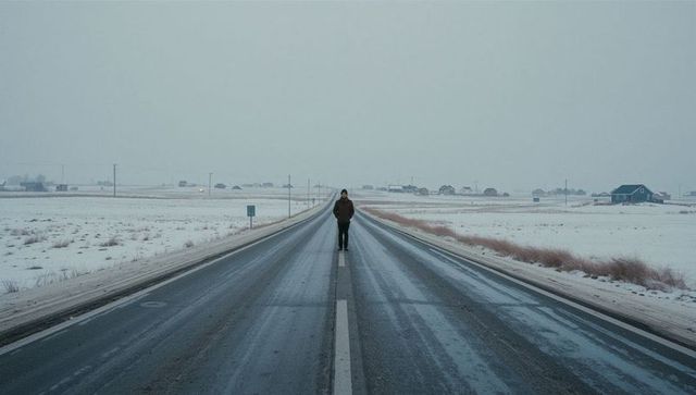 Solitary figure walking on icy two-lane road through snowy plains under overcast sky