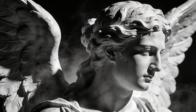 Marble angel sculpture close-up dramatic chiaroscuro showing wings stone texture and smoke