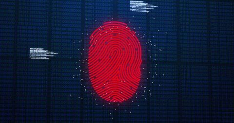 Glowing red fingerprint over binary code for biometric authentication and cybersecurity