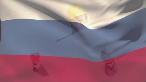 Engineer Examining Blueprint with Russian Flag Overlay