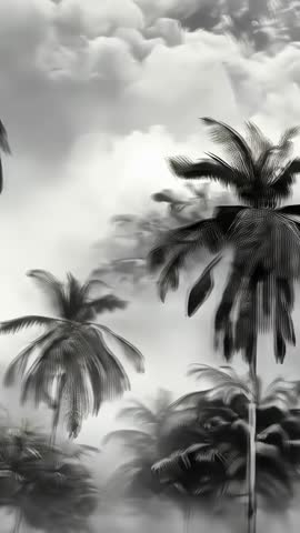 Vertical panning palm grove illustration revealing misty undergrowth and drifting clouds