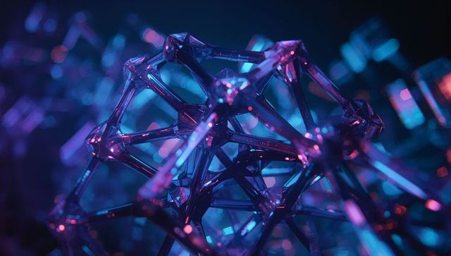 Glowing metallic lattice with neon blue and purple lights