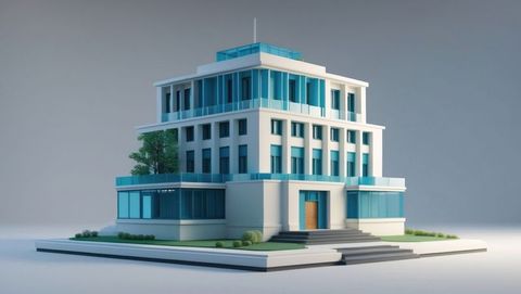 Conceptual modern three-story mental institution with glass features