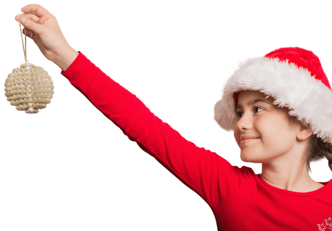 Happy Girl Wearing Santa Hat Holding Ornament on Transparent Background