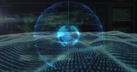 Futuristic Holographic Globe Interface with Binary Code Waves