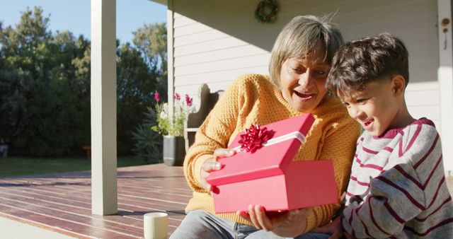 Grandmother and Grandson Enjoying Time Outdoors with Gift Box - Download Free Stock Images Pikwizard.com