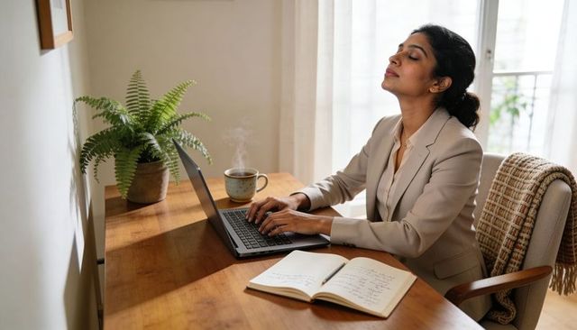 Professional woman taking mindful break during remote work at sunlit home workspace