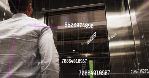 Businessman waiting at elevator with futuristic digital data overlay and floating numbers