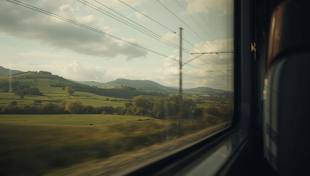 Serene countryside view from fast-moving train window