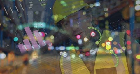 Warehouse worker overlapping with financial graphs and data