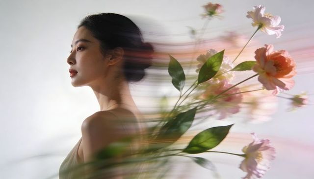 Ethereal profile portrait woman with flowing floral blur, pastel tones and soft motion