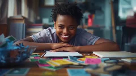 Adolescent in Creative Process Surrounded by Craft Supplies