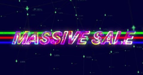 Glitch neon massive sale flashing on futuristic data dashboard with green percent arrows
