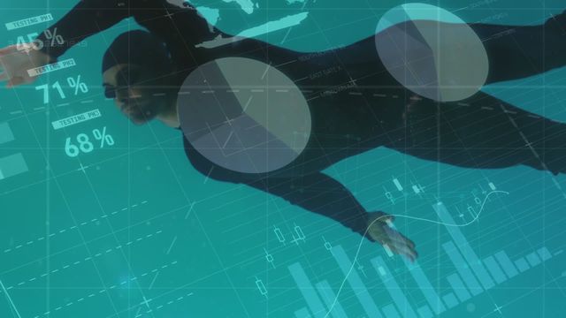 Businessman swimming underwater in pool overlaid with digital data visualization, statistical graphs, and charts. Use this for illustrating finance, technology, physical wellness in business, and active lifestyle concepts. Ideal for marketing materials, financial blogs, or data analytics presentations.