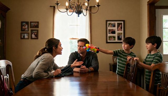 Tense family argument at dining table while young boys aiming colorful water gun, parent conflict