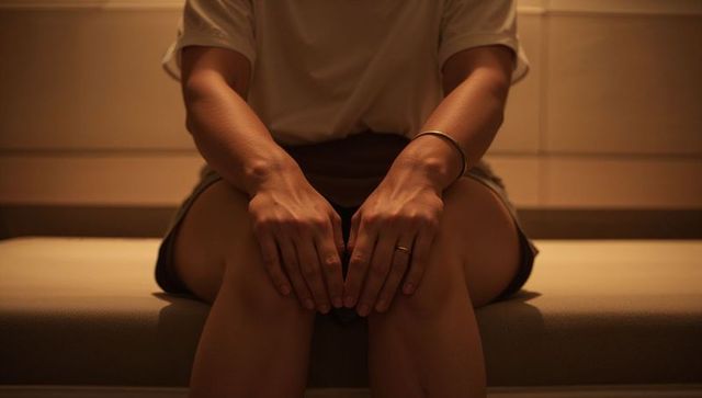 Sitting woman resting hands on knees wearing white tee and shorts in warm amber light