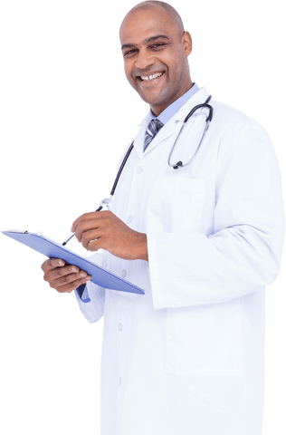 Smiling doctor taking notes on transparent background
