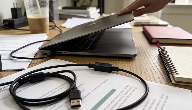 Hand lifting laptop on wooden desk with usb cable, notebook and iced coffee, workspace