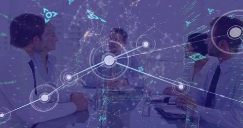 Caucasian Team Collaborating in High-Tech Digital Office