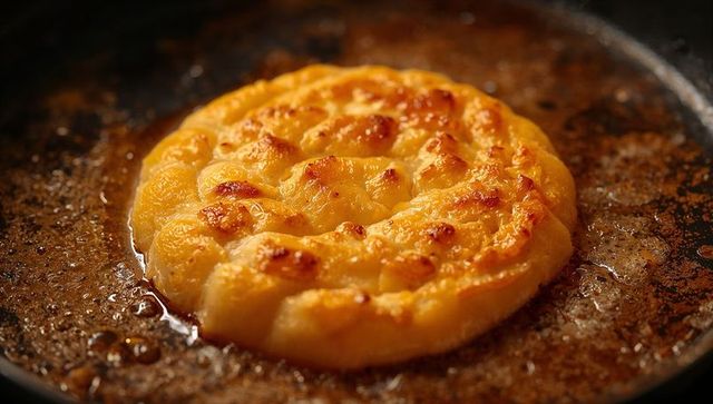 Golden spiral potato galette crisping in cast-iron skillet with caramelized butter